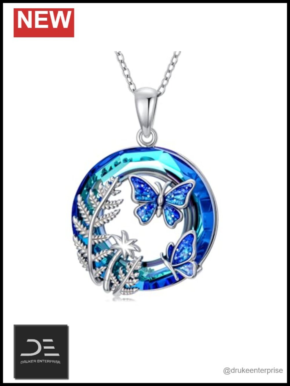 925 Sterling Silver Blue Crystal Butterfly Pendant Necklace Jewelry for Women